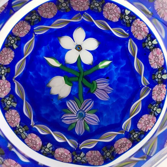 Perthshire 1986B Bouquet Lampwork Flower Millefiori Twist Facet Blue Paperweight - Picture 5 of 14